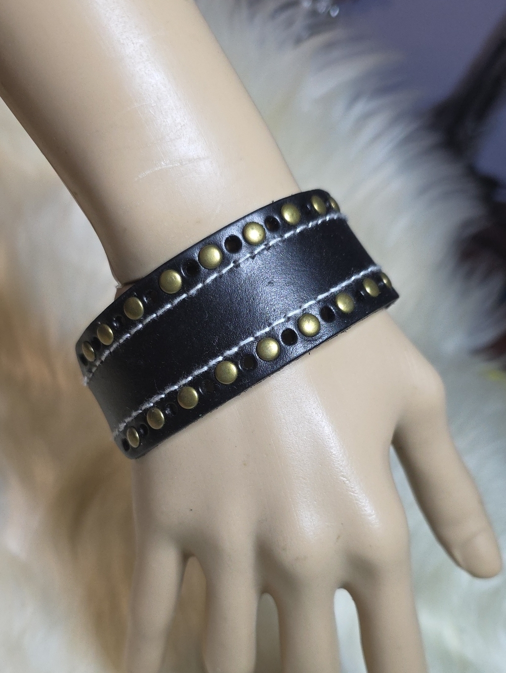 paparazzi Black Leather Bracelet with Gold Studs for Men